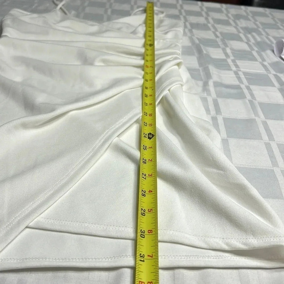 VNTG white faux wrap halter bodycon dress,ruching ,shirred,asymmetrical hem EC - Picture 11 of 14